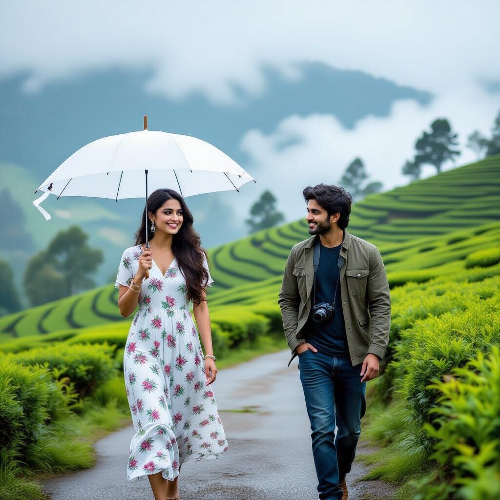 A misty morning in the Ooty hills.
The sky is draped in soft clouds; gentle sunlight filters through, touching the emerald tea gardens below...