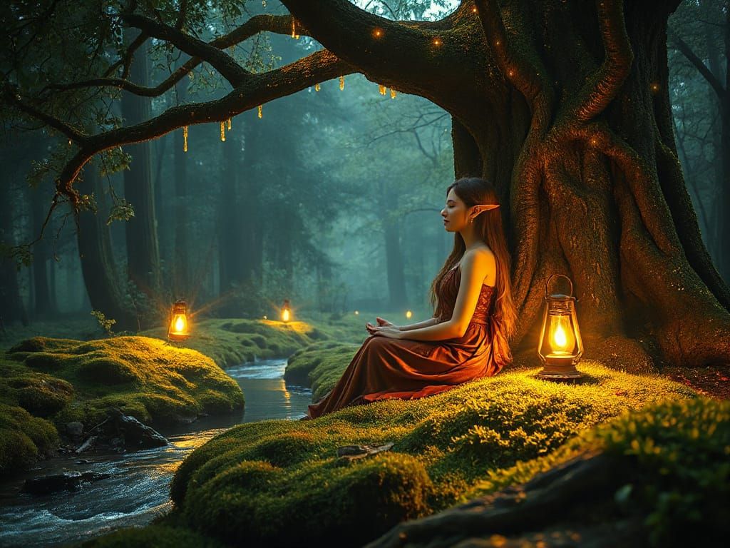 (Inner Peace:2.5) Close-up of An elegant elven woman in a flowing art nouveau gown sits in a meditating pose within a secluded forest glade,...