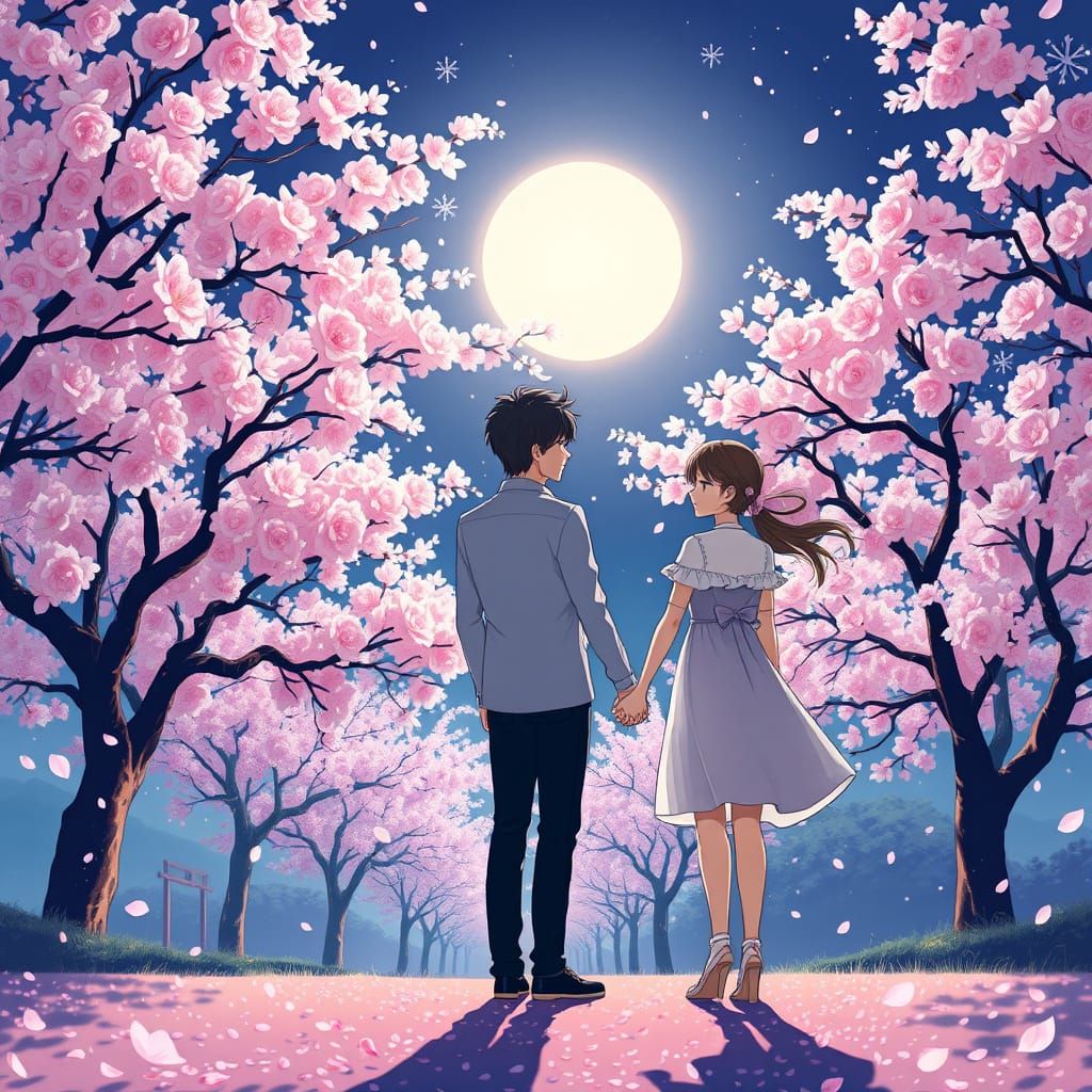 Romantic Anime Couple Under Cherry Blossom Moon