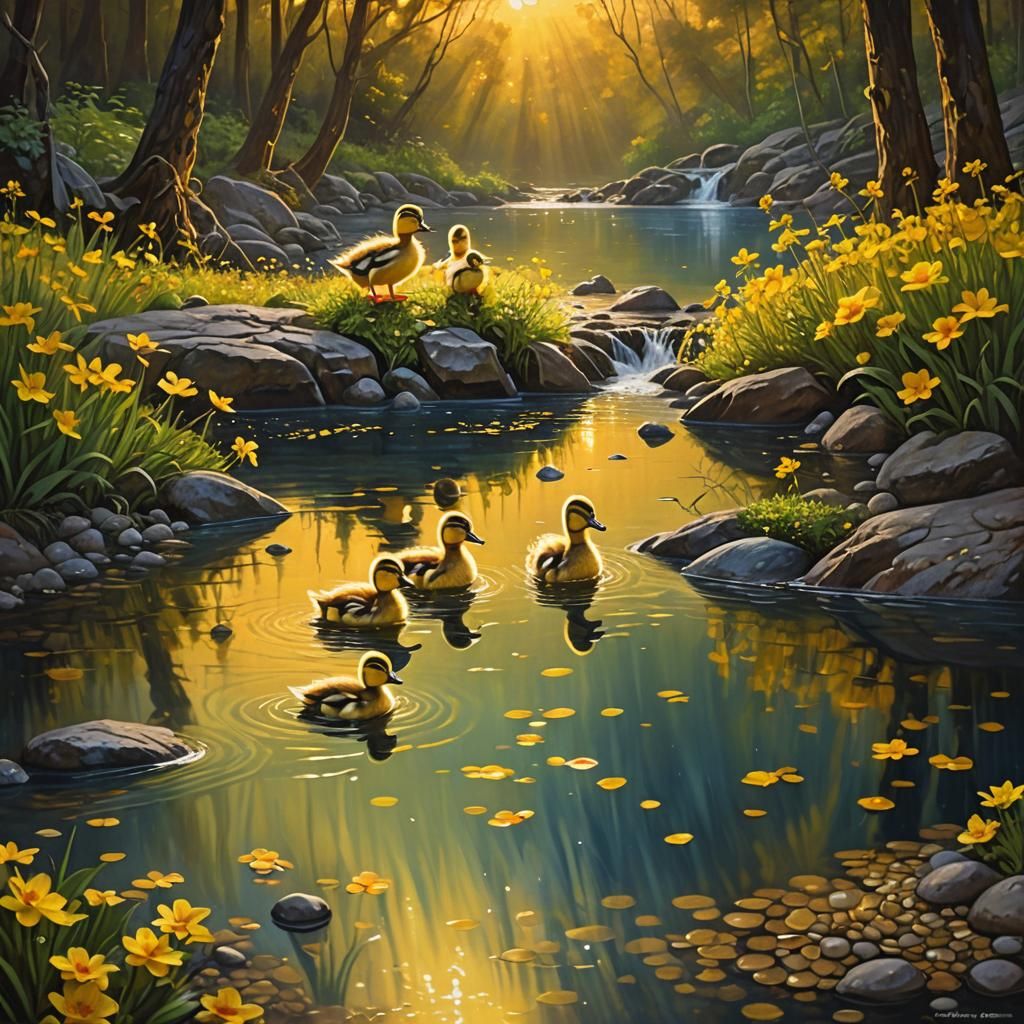 adorable ducklings swimming in a river
