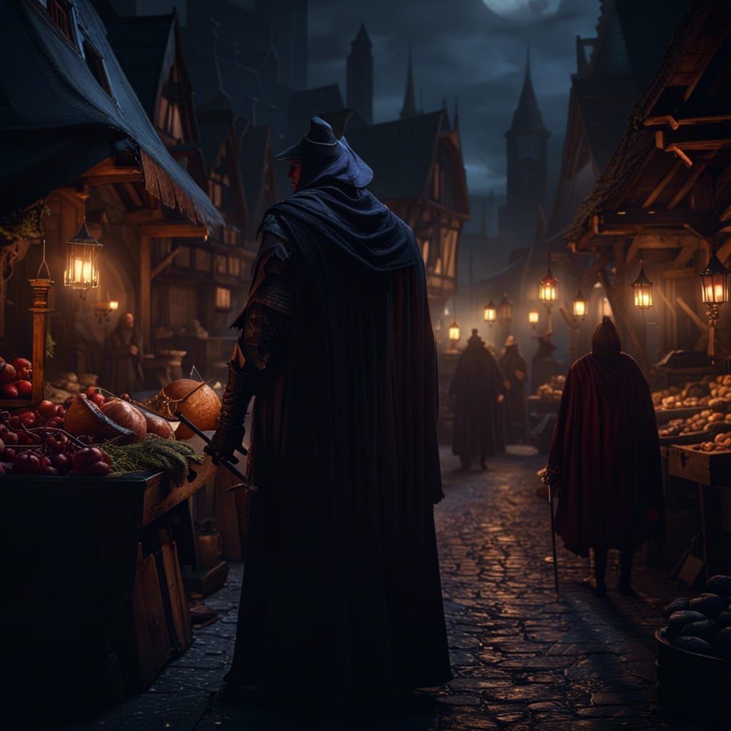 Medieval Market. night time. a vampire trades with a witch a masterpiece, 8k resolution, dark fantasy ...  by @undefined
