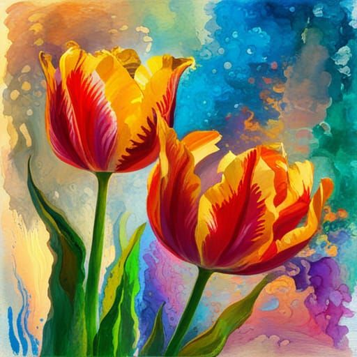 psychedelic steampunk twin tulip in Gouache Style, Watercolor, Museum