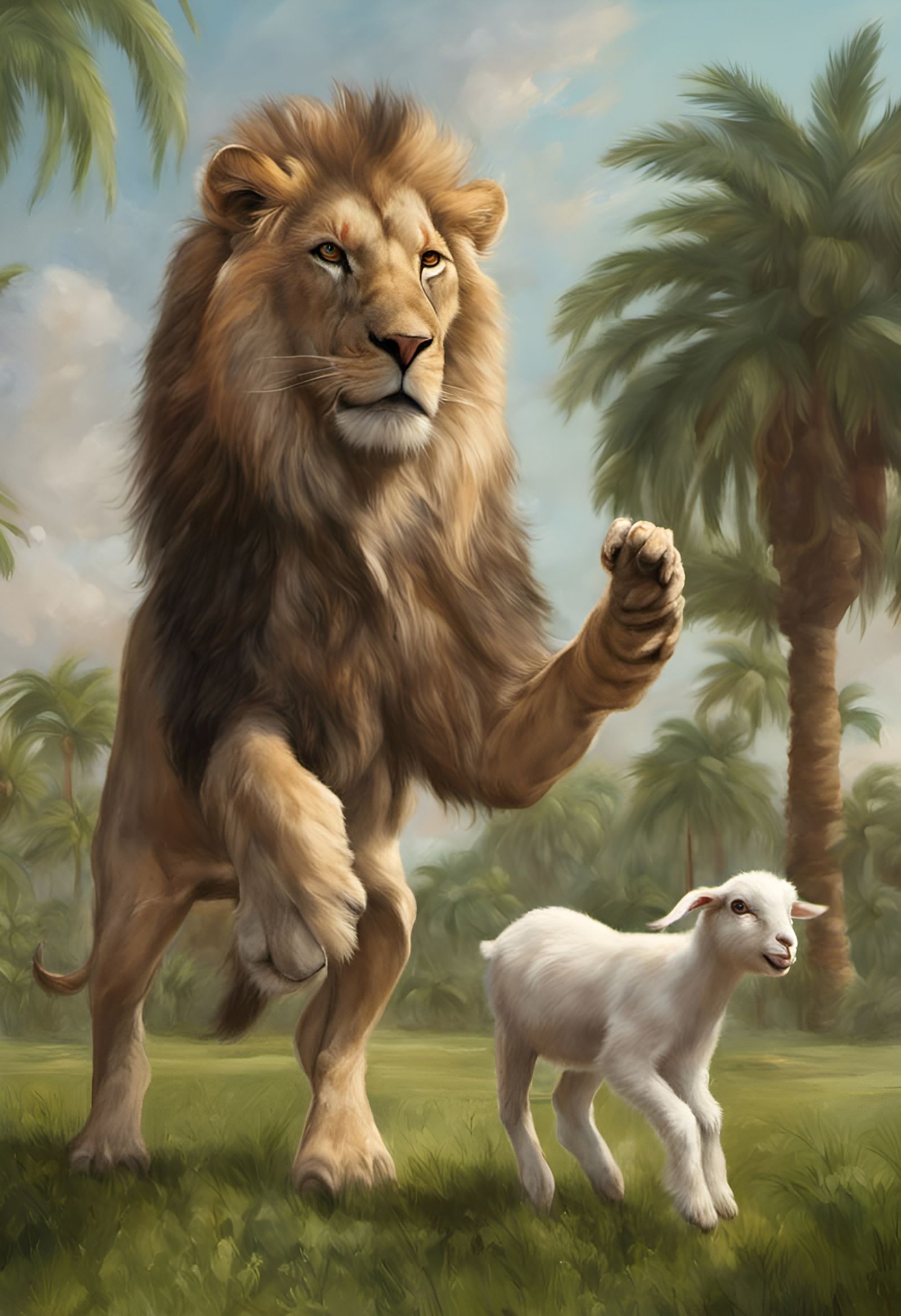 A male lion in a grassy greensward surrounded by royal palm ...