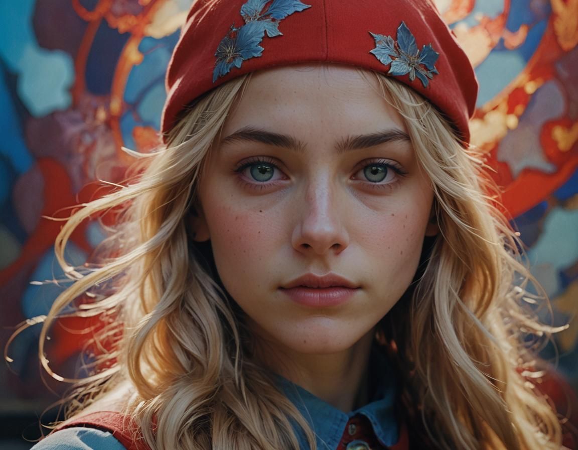 A young girl in her 12s with long blonde hair in a red cap and a blue