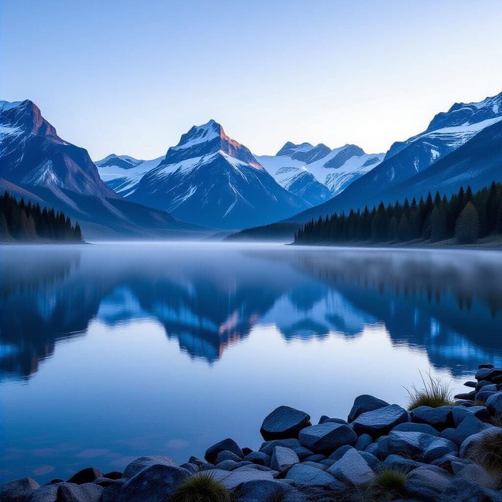 Mountain Lake at Dawn with Rising Mist