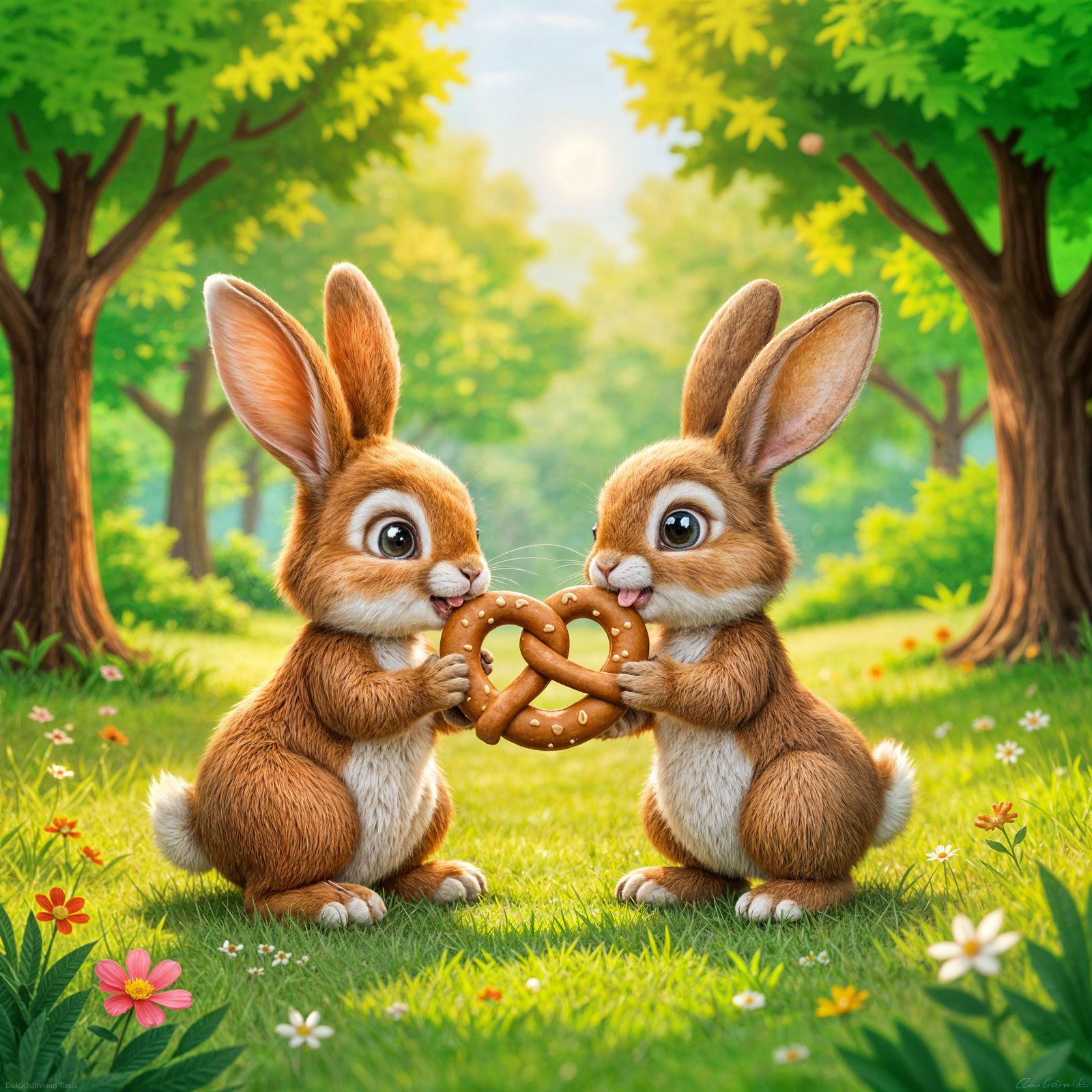 A rabbit and a bunny are walking in the park and sharing a pretzel. That's friendship. Caricature. DALL-E ...  by @Milos Vojvodic