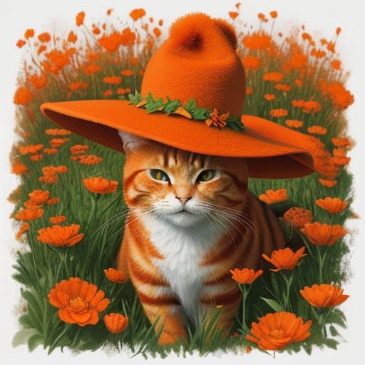 Ginger Cat in Floral Field with Painterly Texture