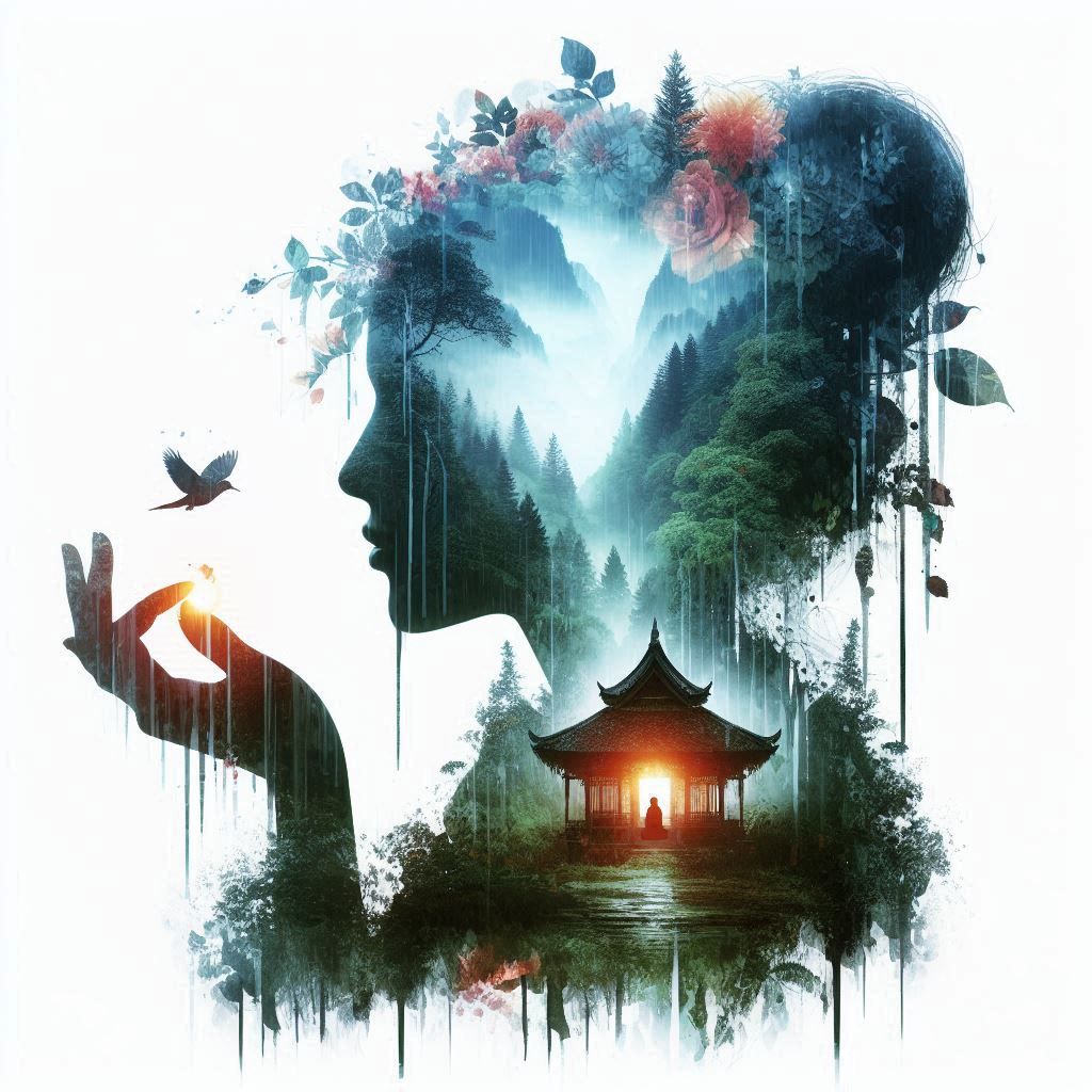 double exposure beautiful fantasy DALL-E 3 portrait landscape..