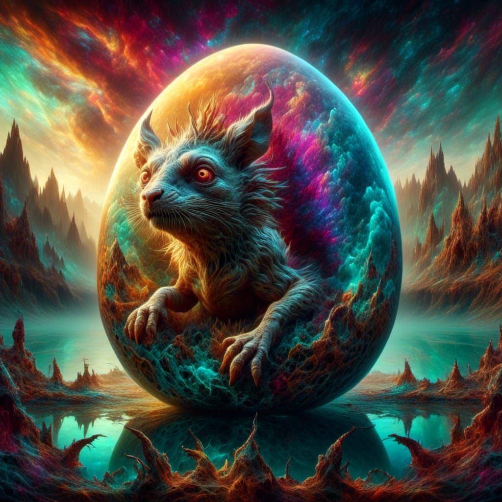 <lora:Surreal Hatchlings:1.0> Chromatic Surrealism, a scary chimera with iridescent scales hatching from ...  by @Evil644