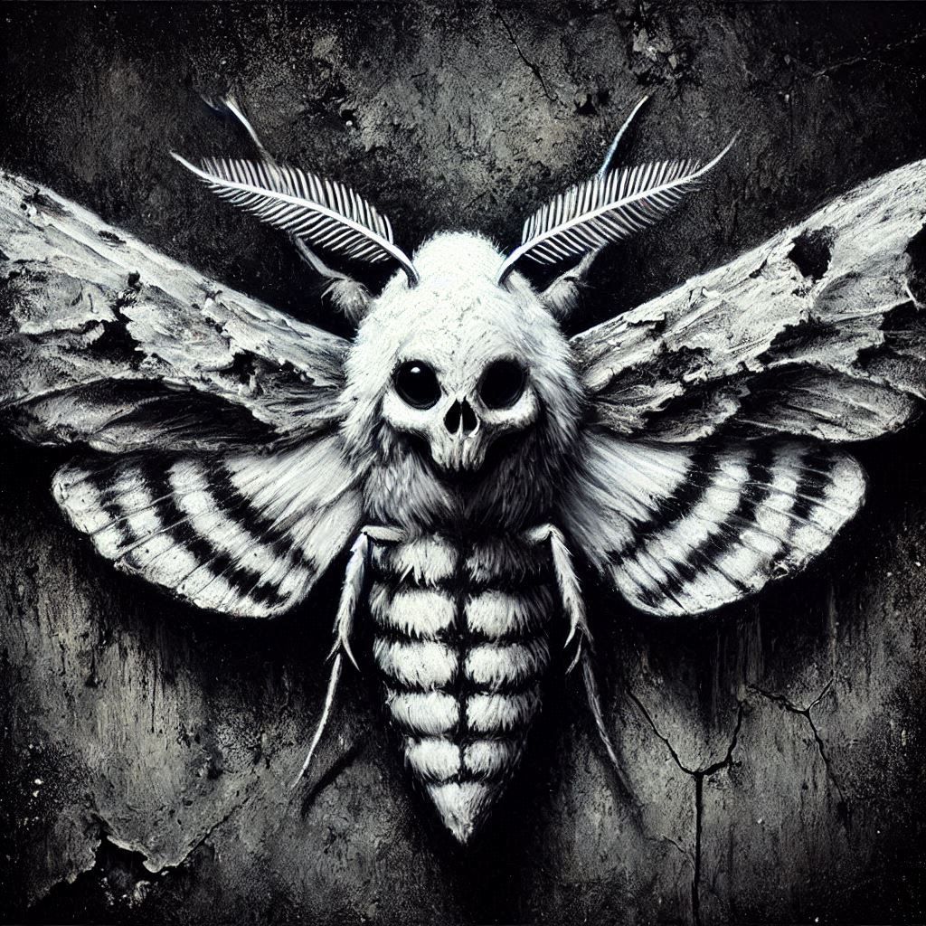 White hawk moth death's head on a rough black wall