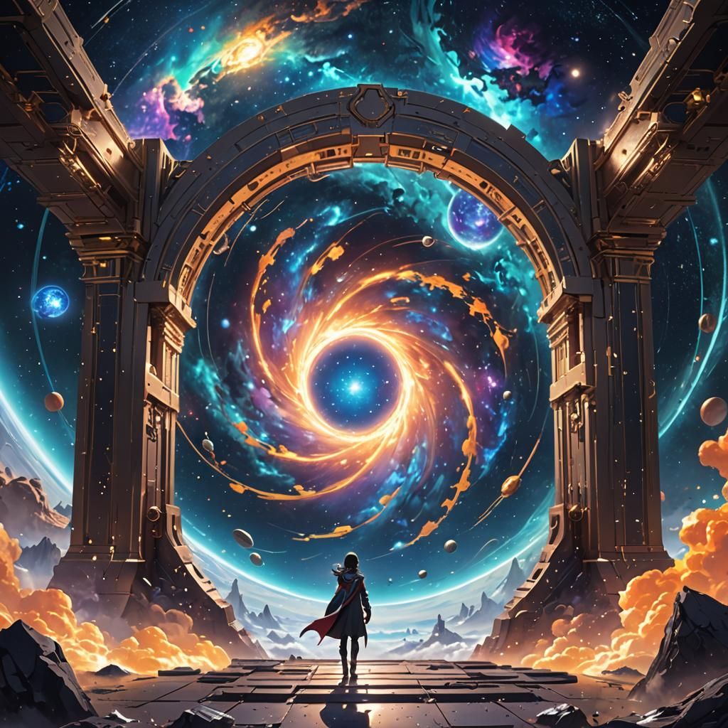 A shimmering portal shimmers amidst a vast cosmic expanse, its entrance surrounded by swirling galaxies ...  by @Schultz