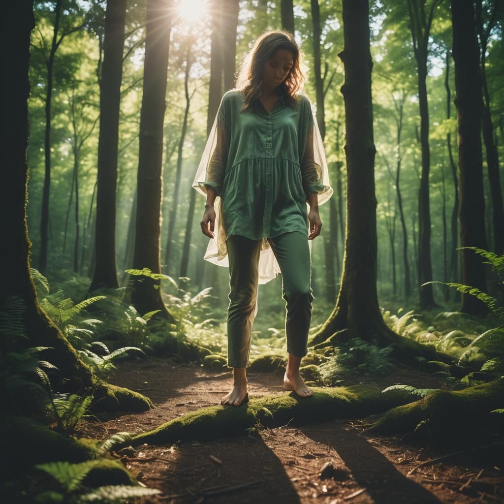 Woman in a Lush Forest with Soft, Ethereal Light