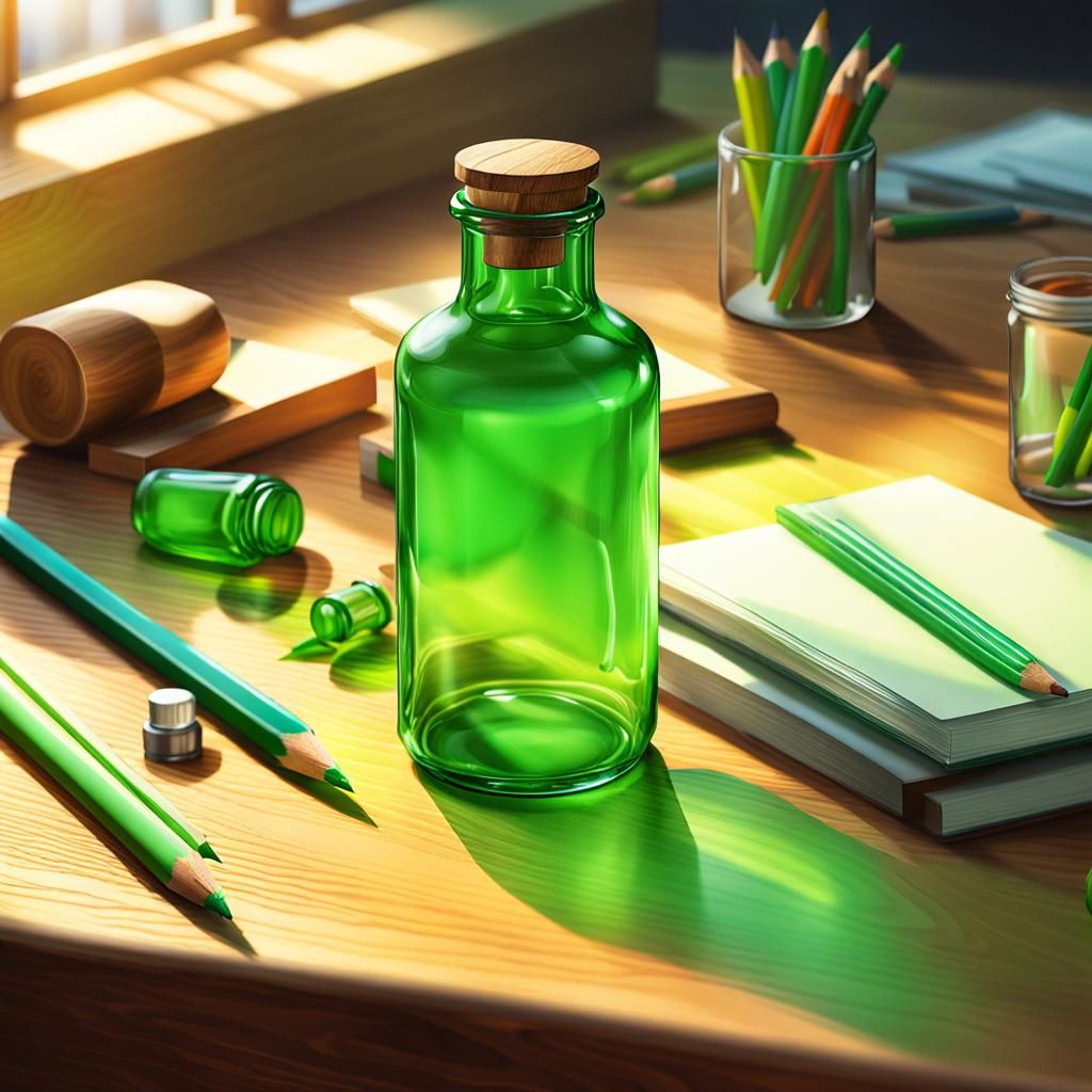 Photorealistic Green Objects on Wooden Desk