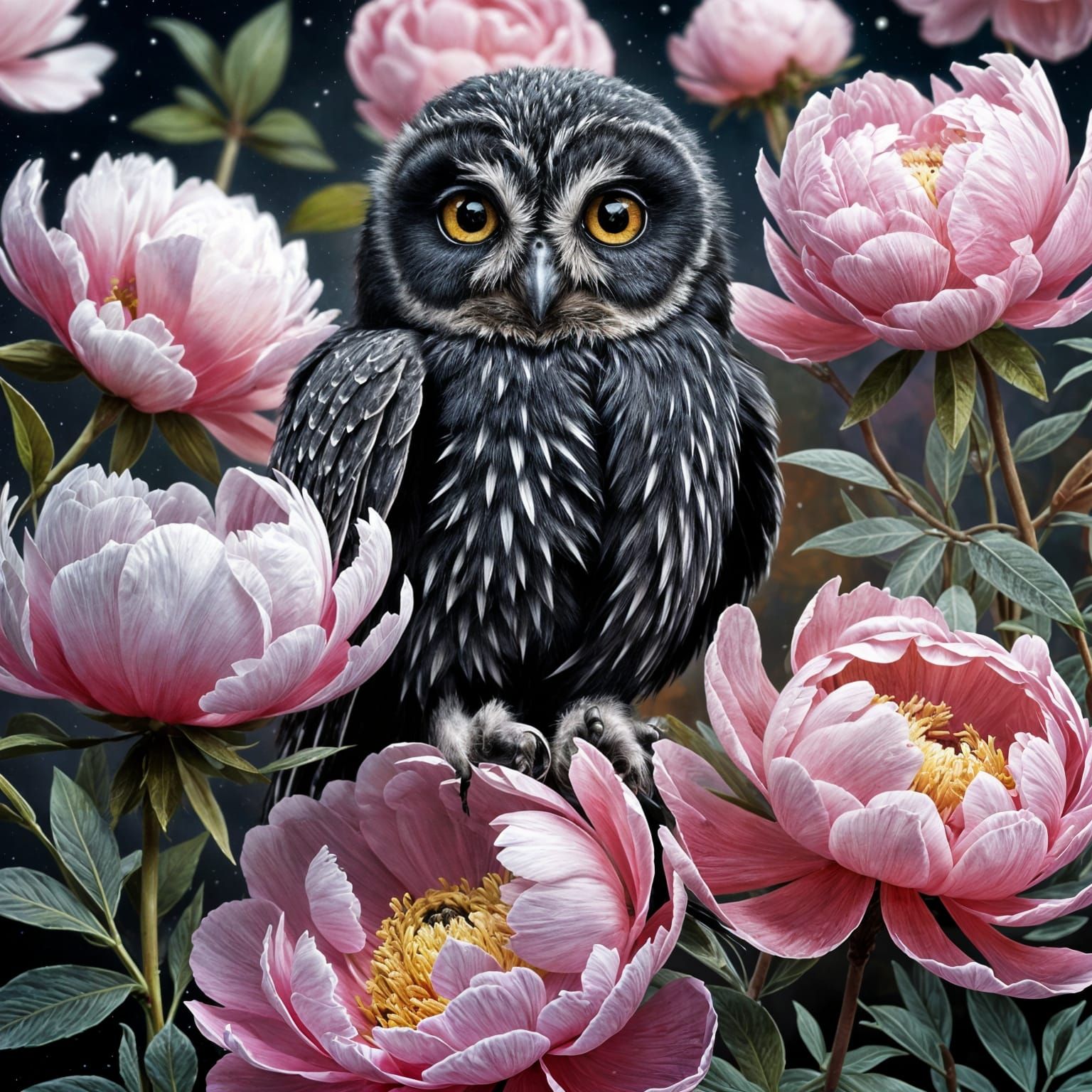 A young owl hangs out in the peonies  by @Tiny Pearl Cat
