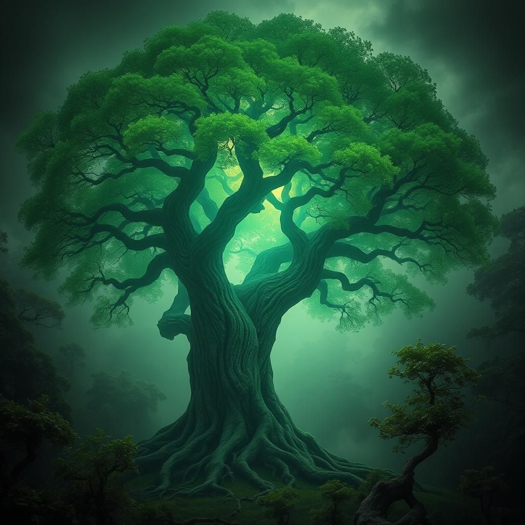 A surrealist painting of a tree in a forest, fully leafed, mysterious, evocative, masterwork