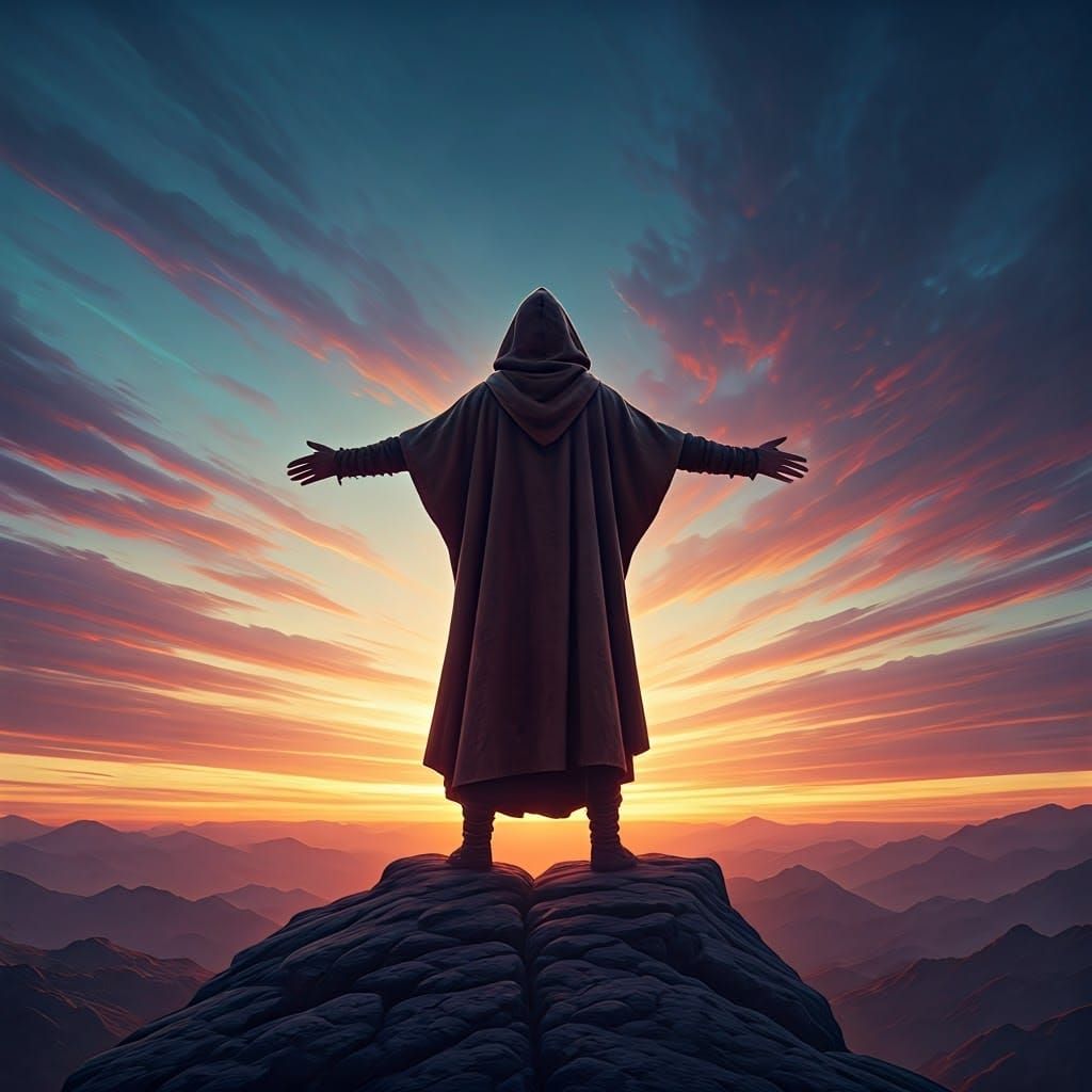 Contemplative Figure Amidst the Sunset Landscape