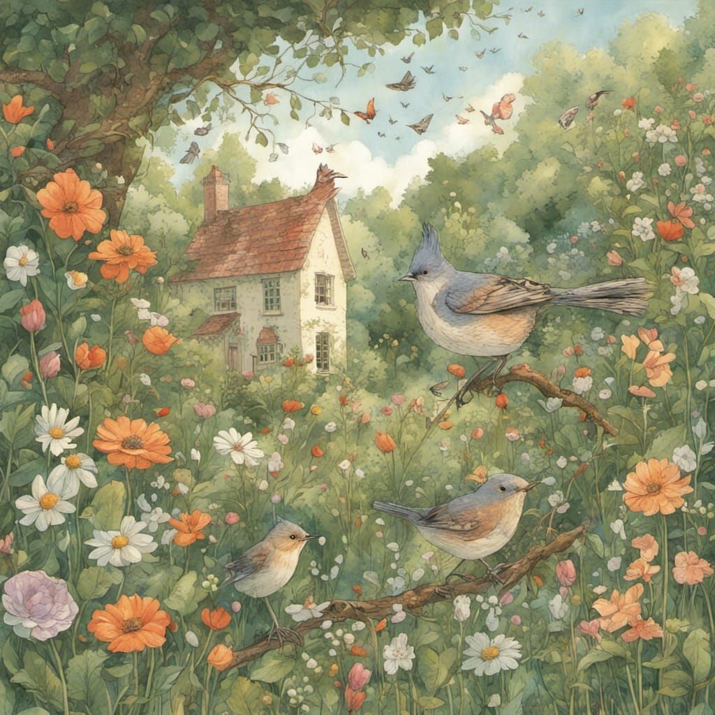 bird singing in a lush blooming cottage garden, by Lucy Gros...