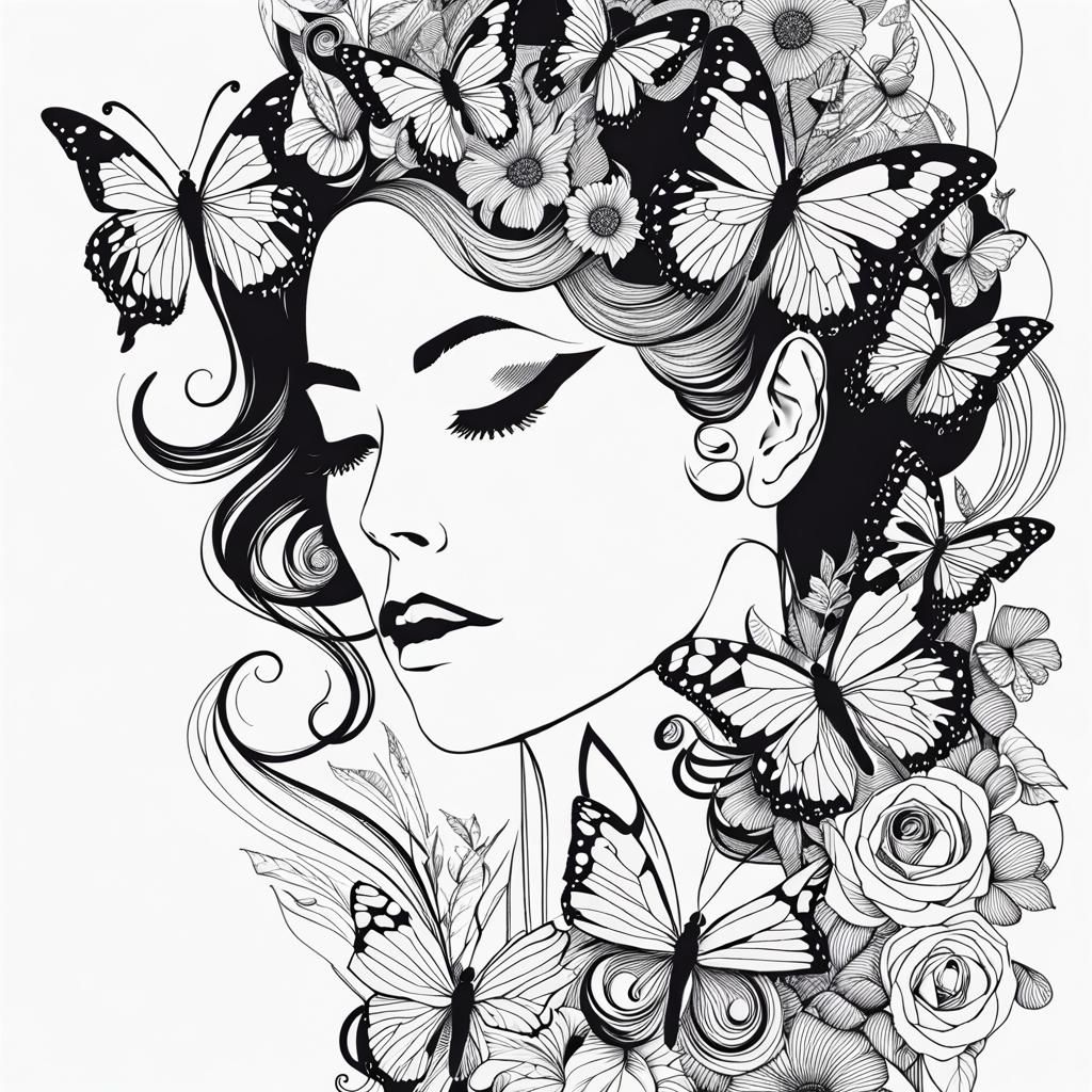 Line art portrait with butterflies - AI Generated Artwork - NightCafe ...