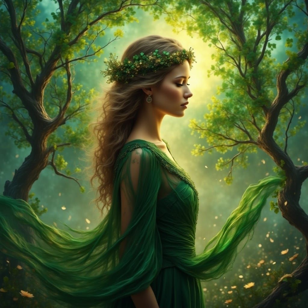 Vibrant green beauty princess waits all alone  