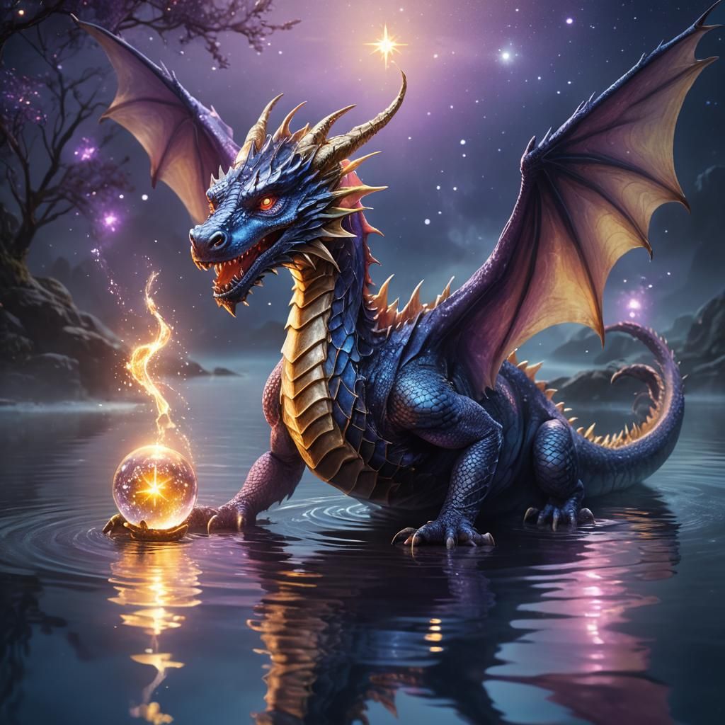 Fantasy concept tarot card.  Wingless dragon holding a glowi...
