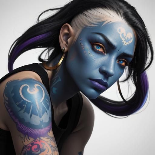 Beautiful latina woman with short black and white hair, with one blue eye and one gold eye and tattoos wearing black tank top 