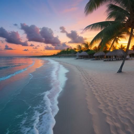 A beautiful wide-angle shot of a tropical beach at sunset. P...