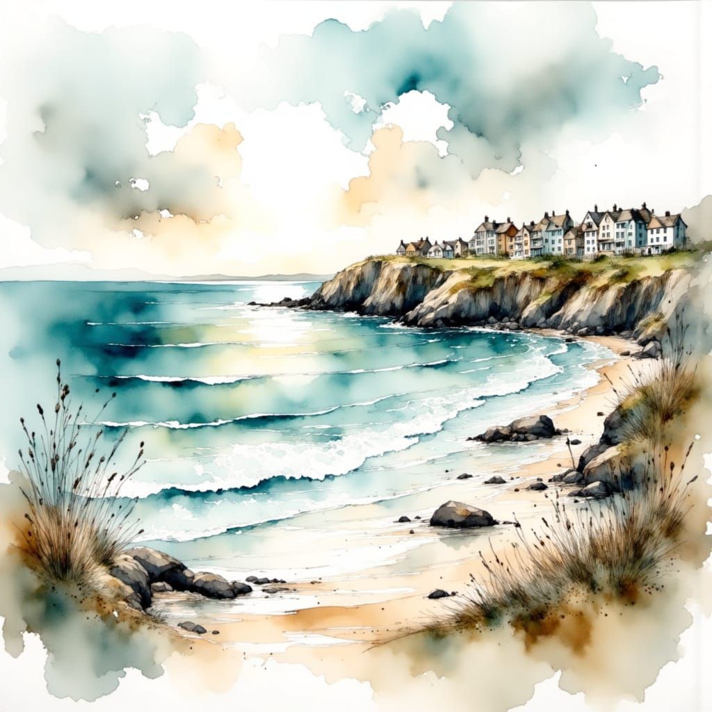 <lora:Experiment:1.0> Hyper realistic Watercolour. Little Cornish beach with town overlooking the beach, dawn. Delicate light, pale blue sky...