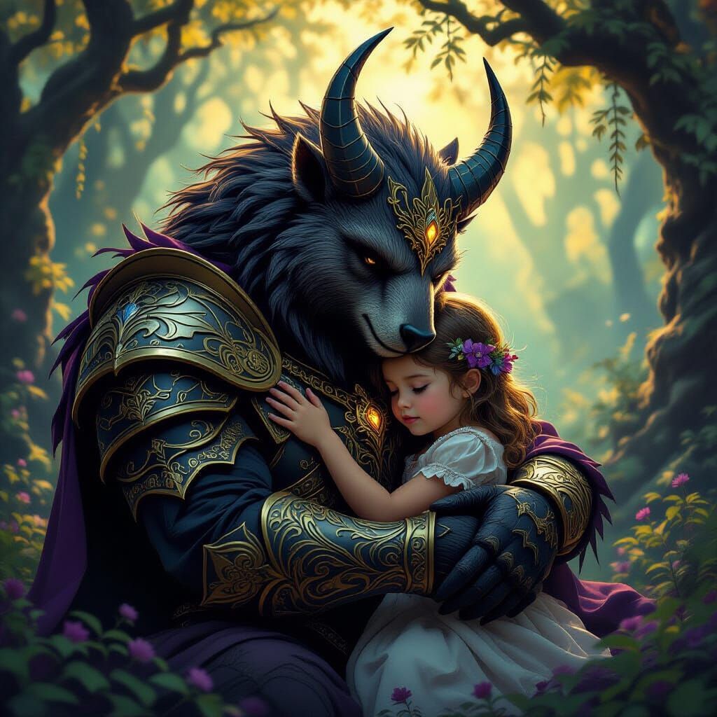 Kind beast hugging a little girl  by @Tales from the rainforest