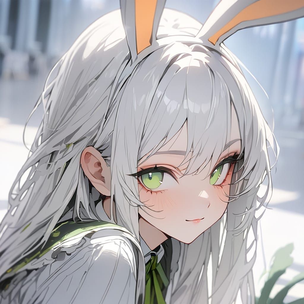 Girl with Bunny Ears, White Hair, Green Eyes