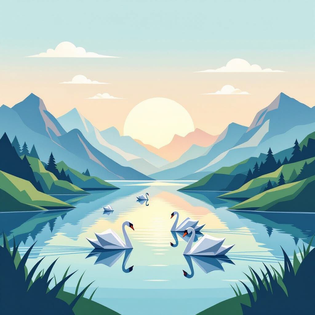 Minimalist Origami Landscape with Swans and Lake
