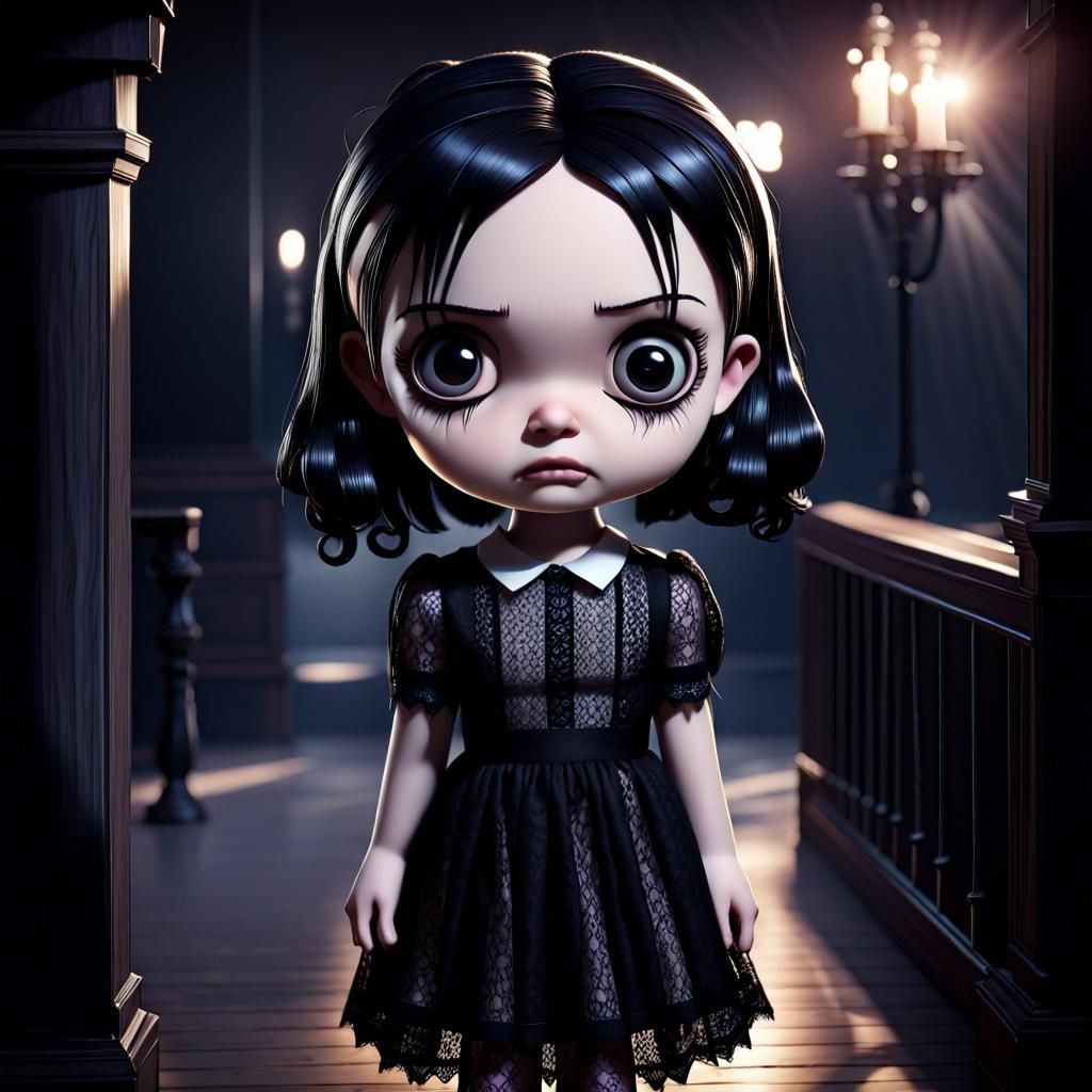 Chibi large head Wednesday Addams standing in a black lace party dress ...