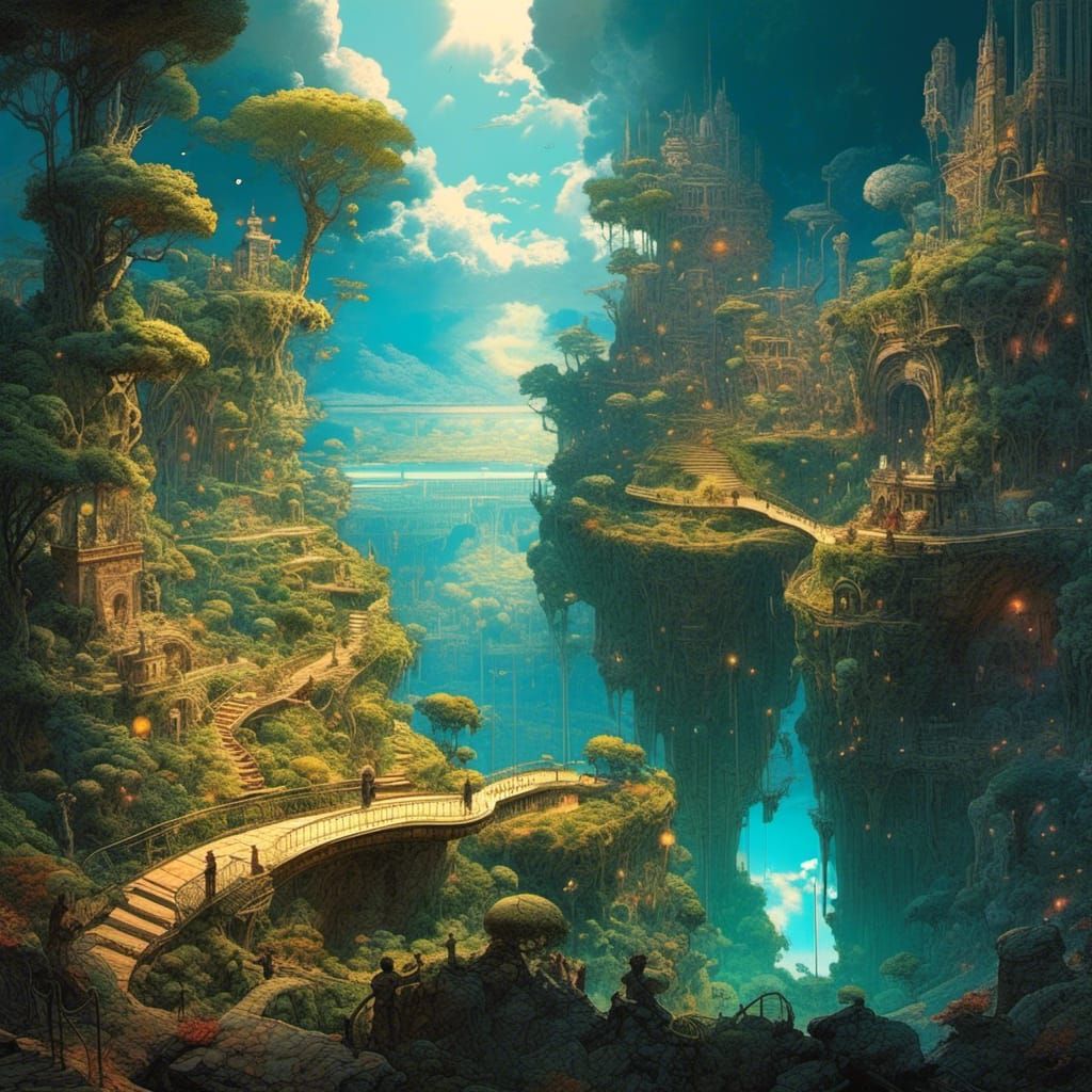 <lora:Crayon Story Book:1.0>magical paths to diferent islands above the reflective lake    , forest supernova night,   complex paths crowded...