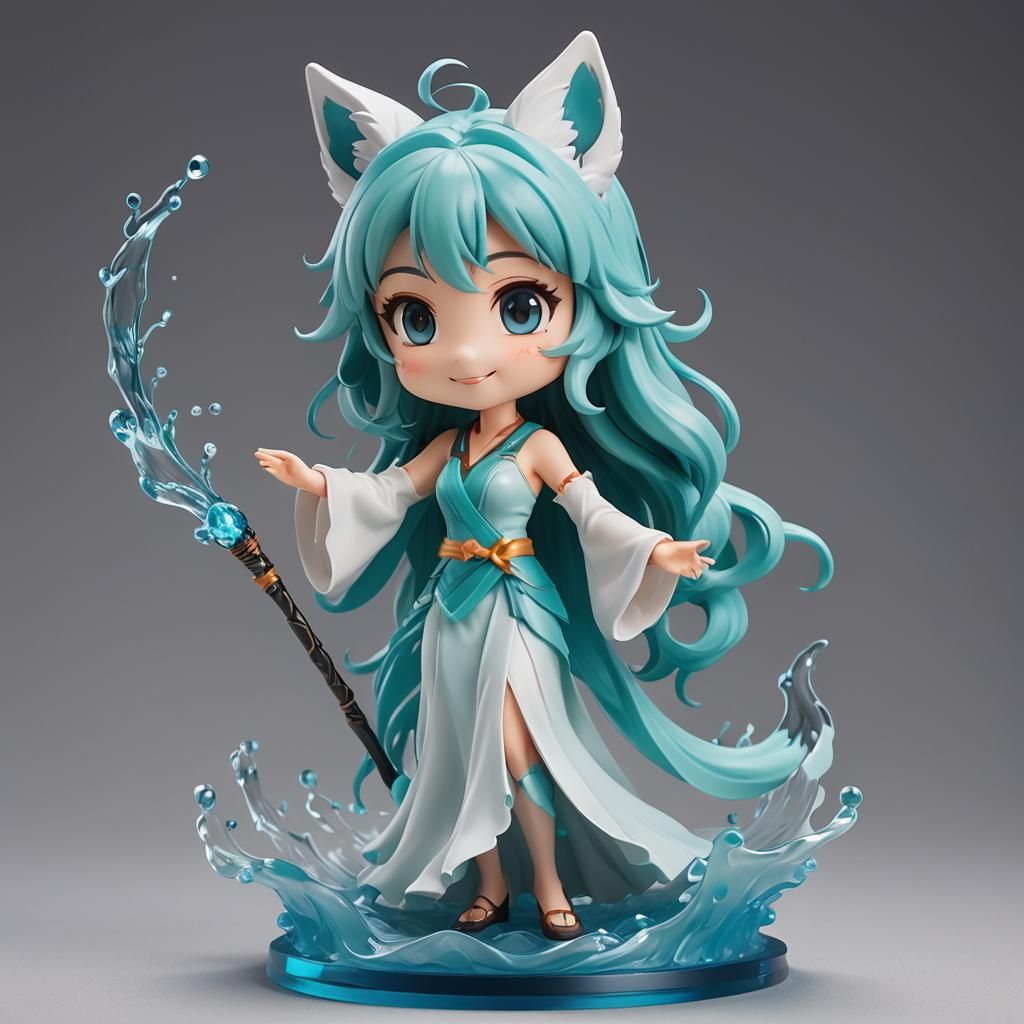 nendoroid of a cheerful anime cyan-haired idol girl with fox ears, long hair  by @MonikaW