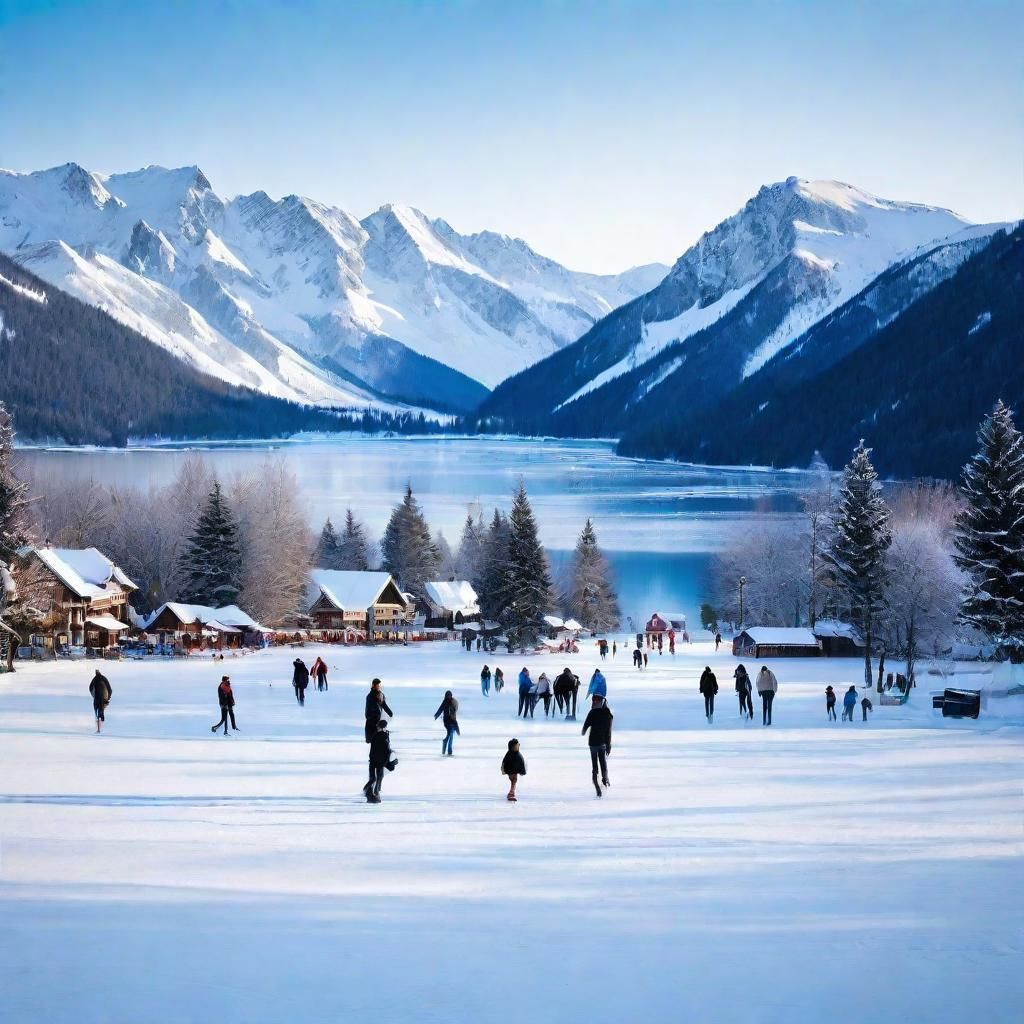people Ice skating  on crystal clear frozen lake, winter, Ch...