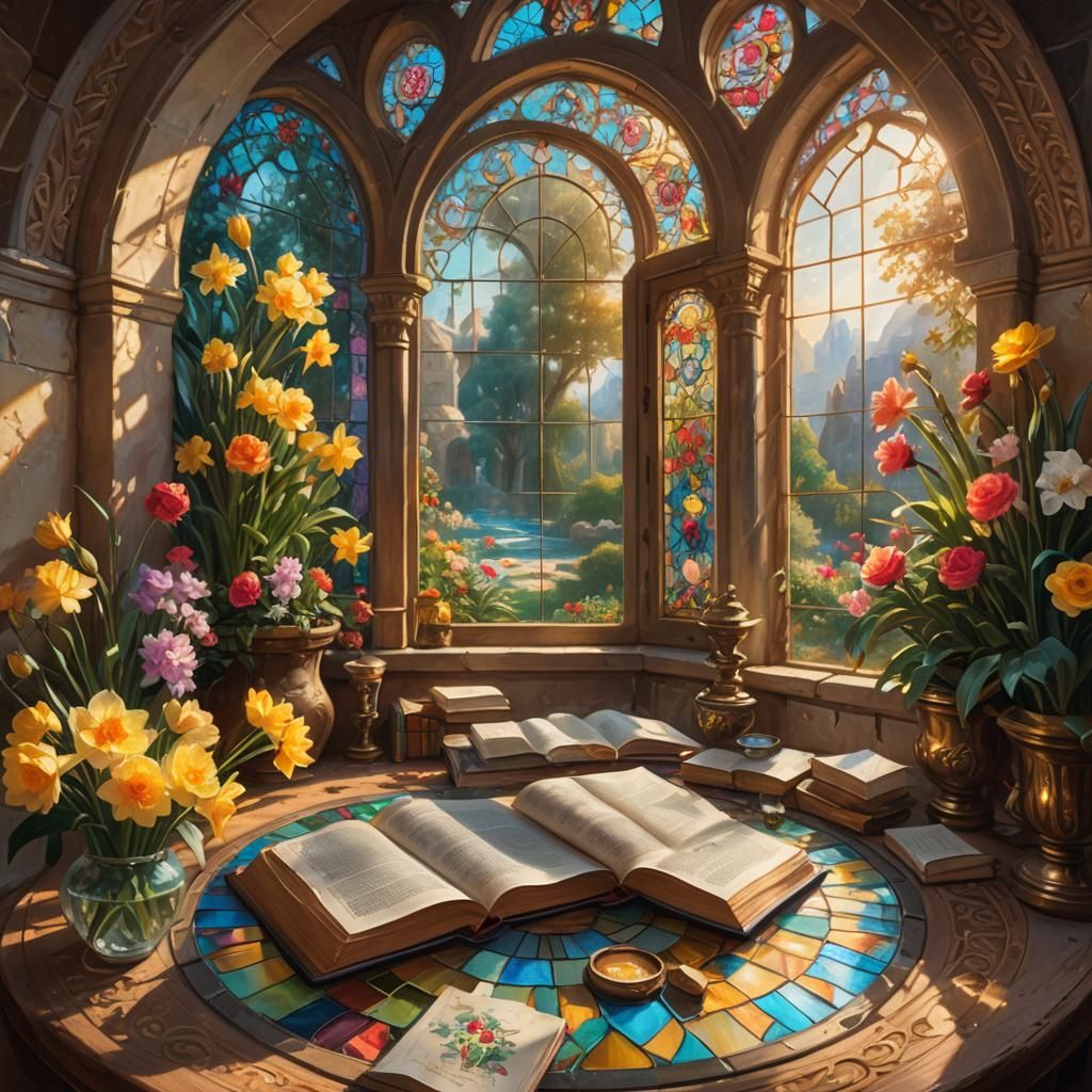 Hebrew Books in Garden Overlook: Fantasy Oil Painting