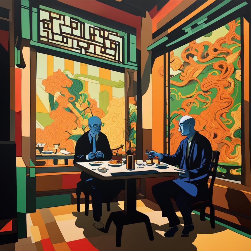 Man in a Chinese restaurant eating lo mein art nouveau rococ...