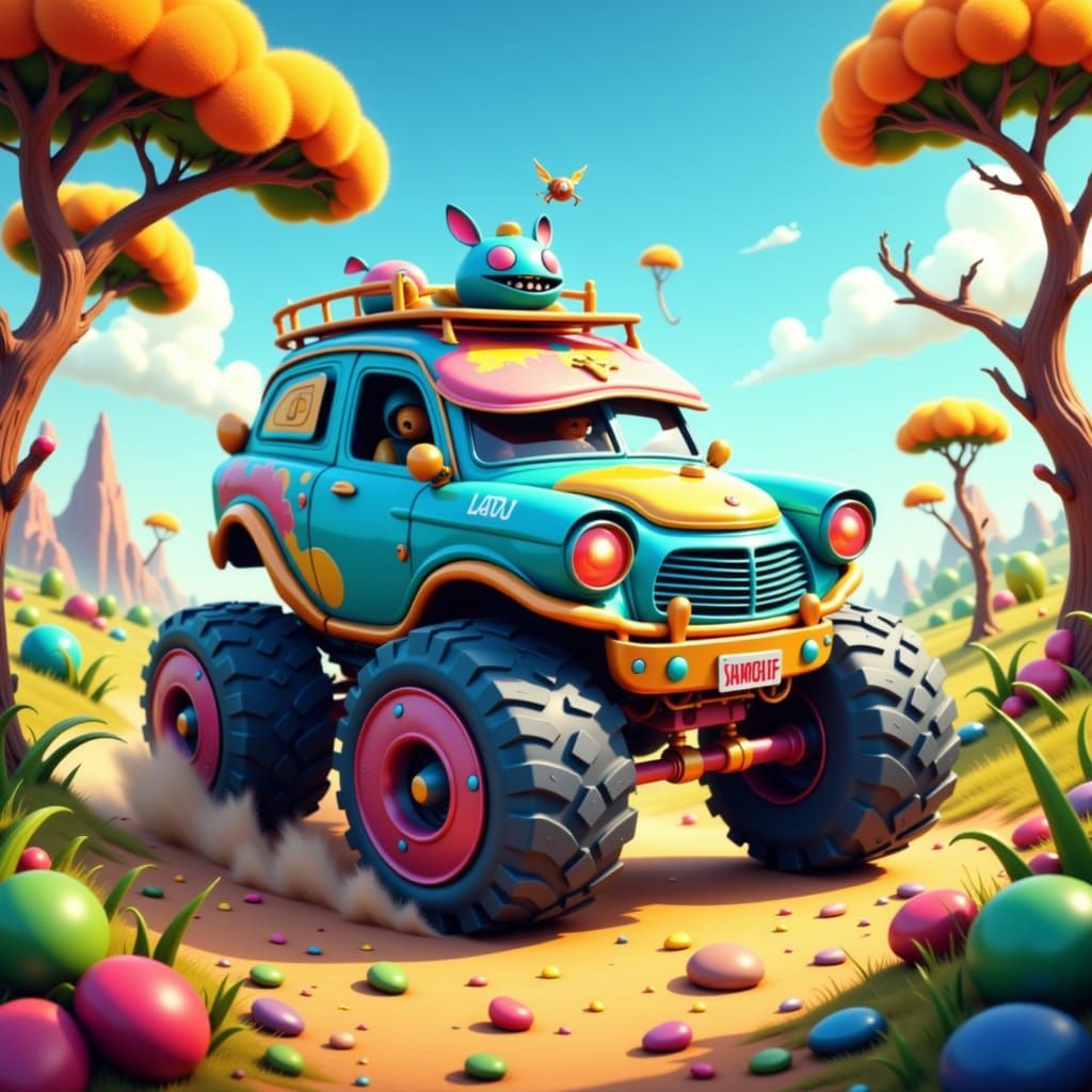 Splash art. Close up. A quirky, cartoon-style car with oversized wheels and wild colors speeds through a whimsical landscape. The car is ado...