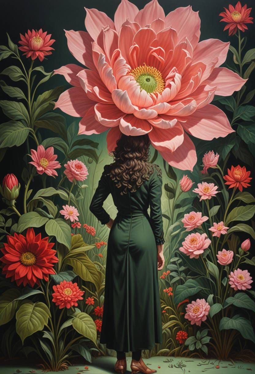 Woman camoflaging in floral scene