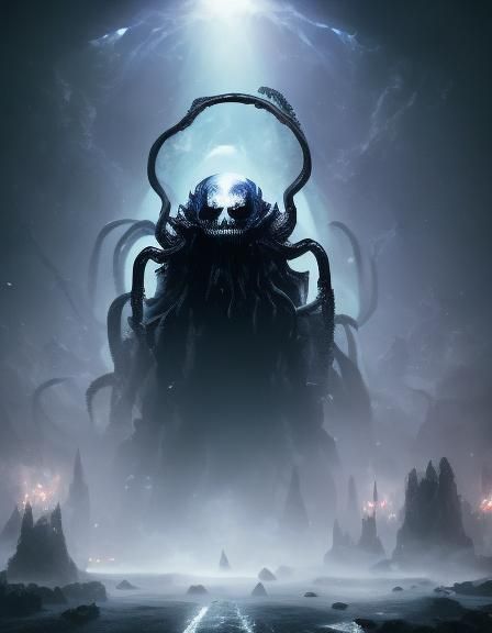 <lora:Black nightmare:1.0> Alien in a deep thick mist, tentacles, spider legs, huge glowing blue eyes, macabre, demon, nightmarish shapes, t...
