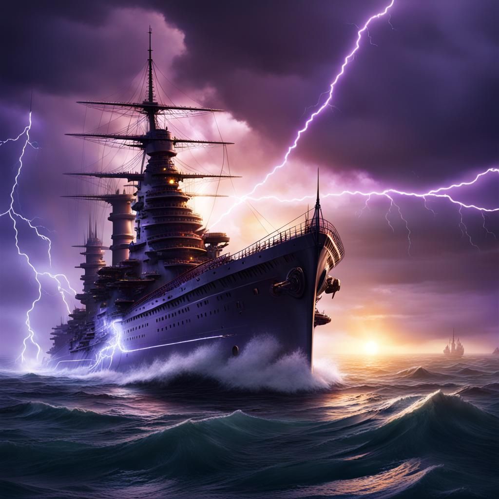 lightning striking a battleship at sea