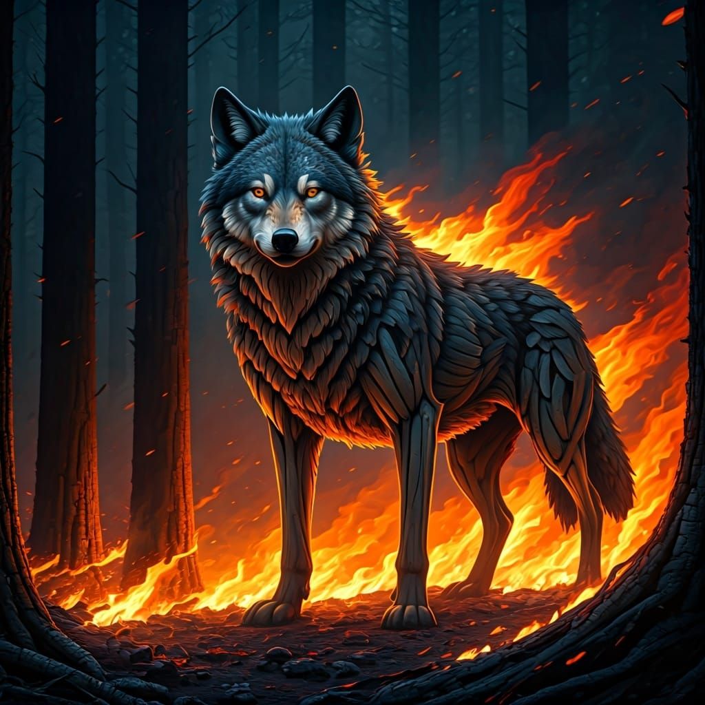A wolf made out of timber standing in a forest full of fire flames are really intense very vivid colors