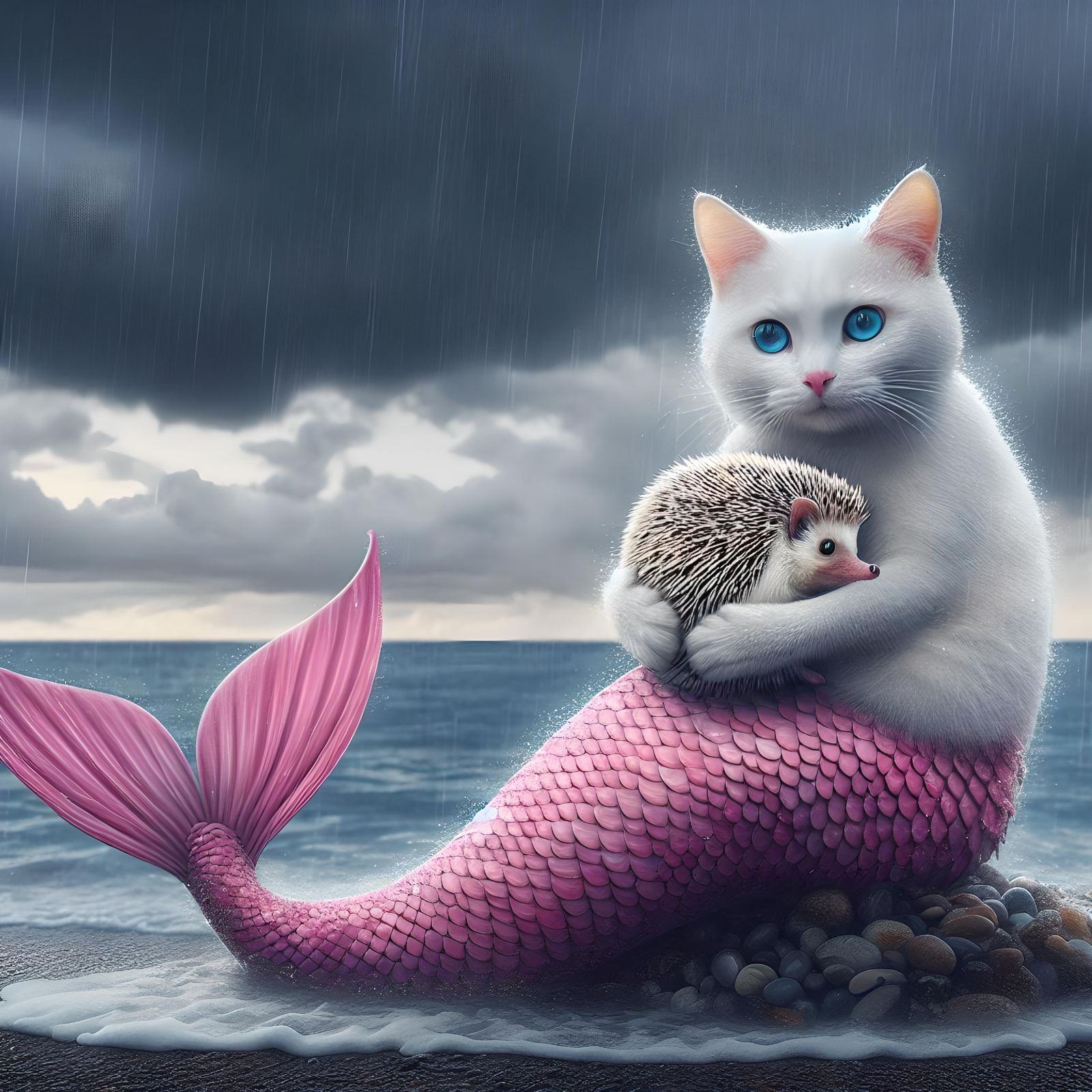 Mermaid with a cat head saves the cutest animal from water