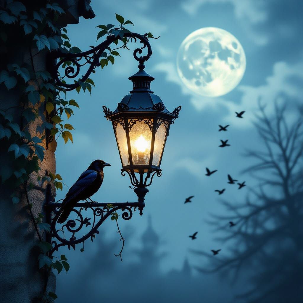 An eerie nocturnal scene of a weathered lantern entwined with creeping vines, casting a dim glow against ...  by @Foul Rabbit