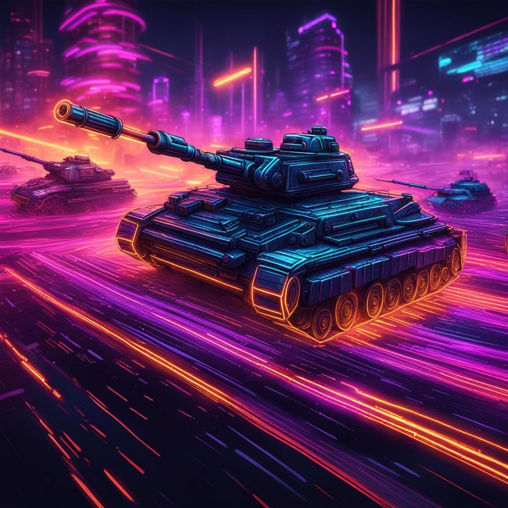 Blurred Neon line drawing of neon tanks futuristic battle fi...