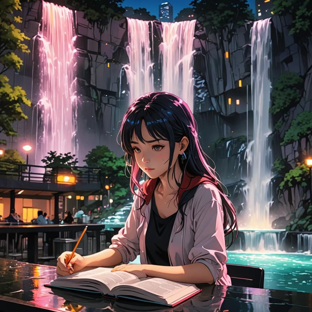 Waterfall in the middle of big city one girl reading a book ...