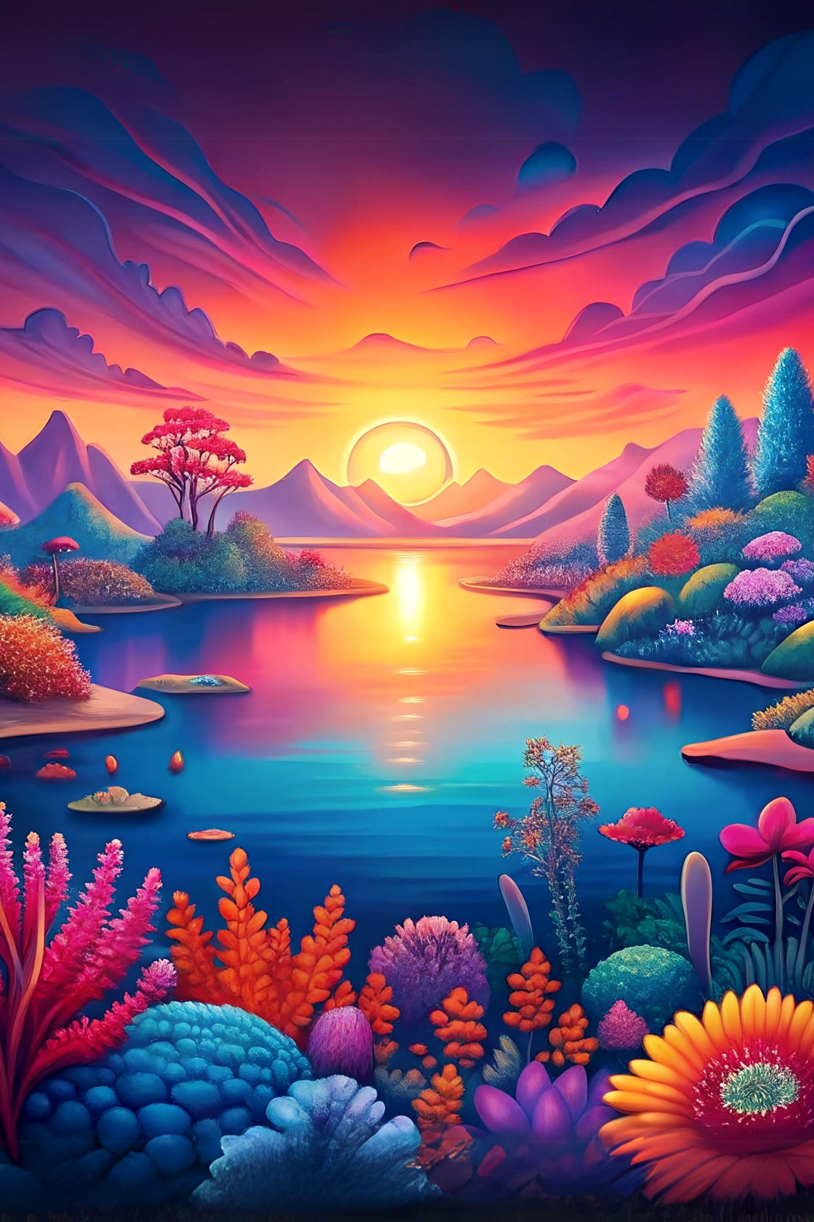 Psychedelic, abstract, and other-worldy landscape of a lake ane vegetation during sunset
