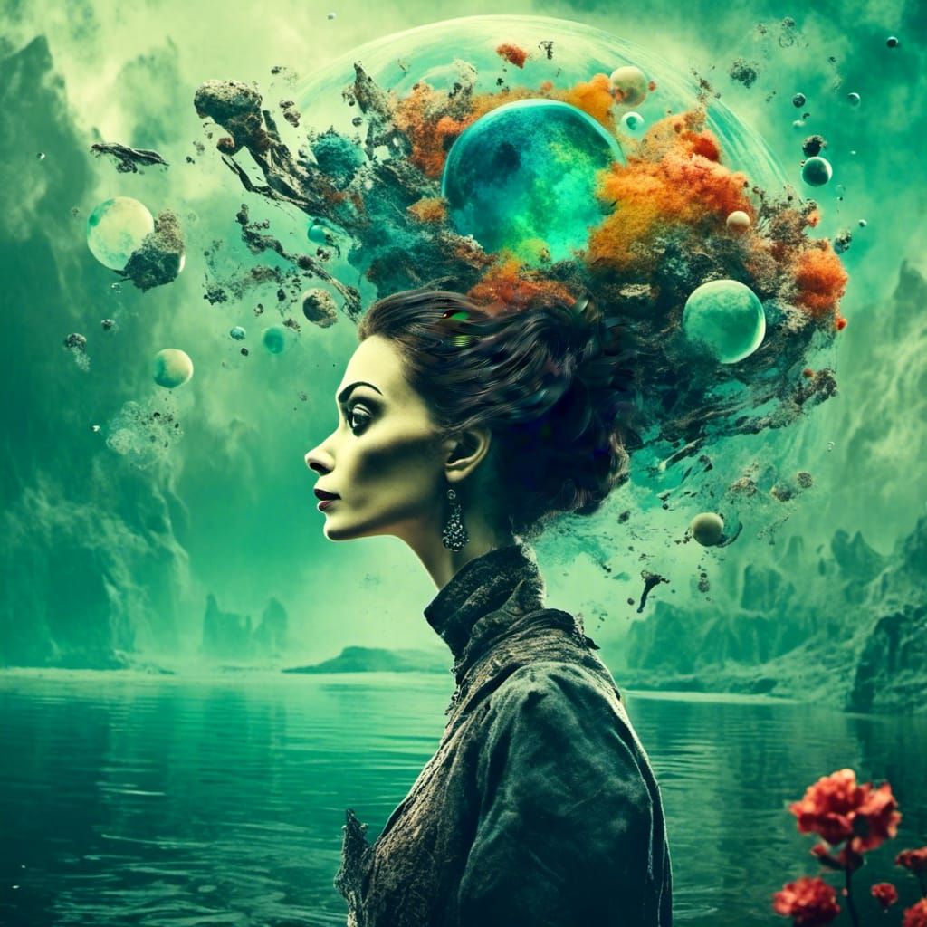 Double exposure. Side profile portrait of a beautiful woman. a colorful alien planet with huge moons reflected in the water in the valley <l...