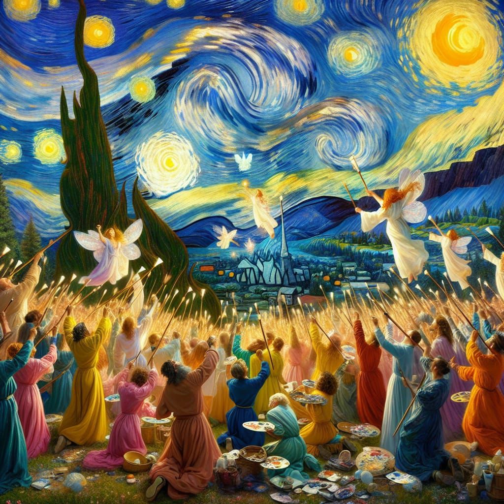 Beautiful painting, A painters are in vibrant robes reaching up to the sky and painting faires, redwood trees, mountains sunrise in the styl...