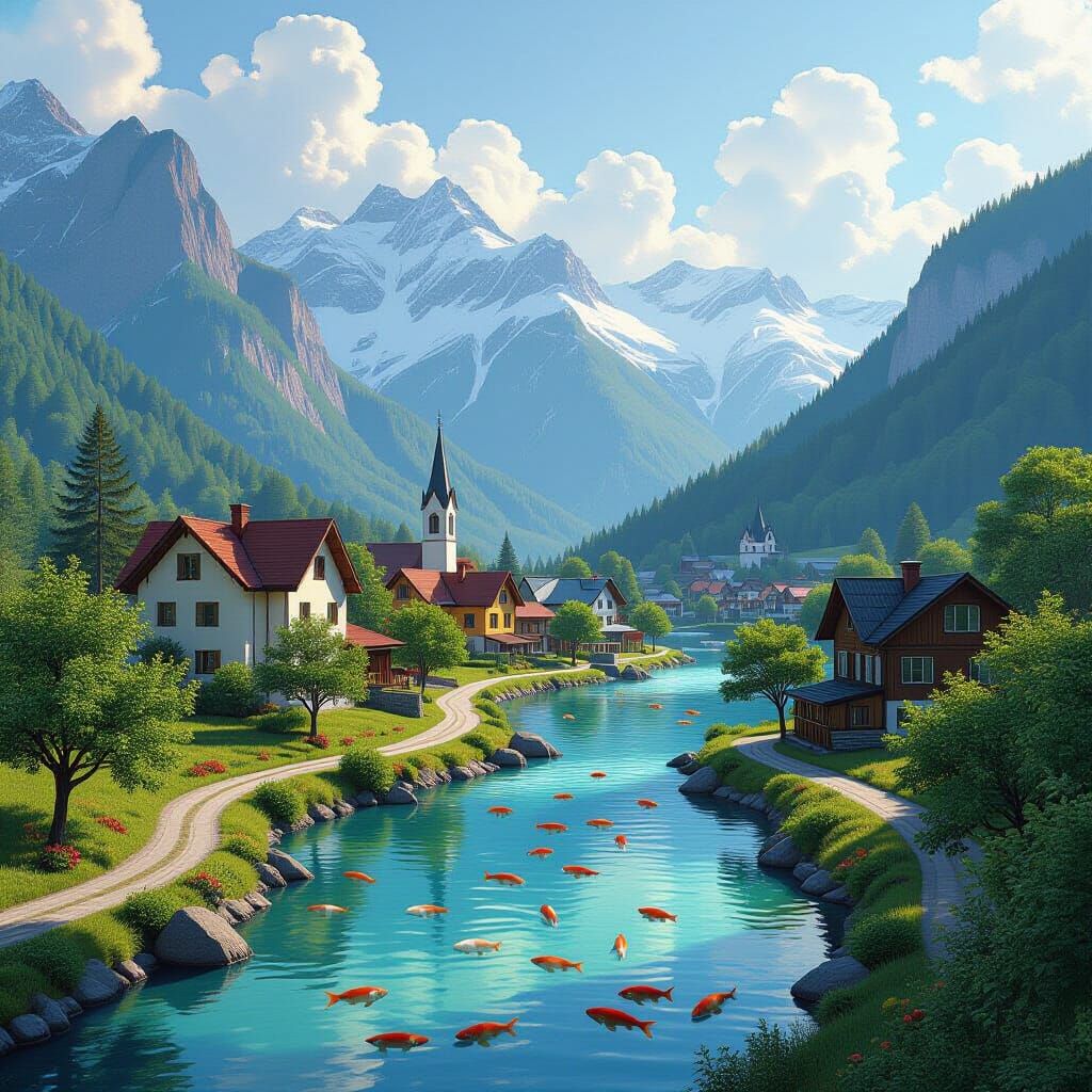 Picturesque Mountain Village Landscape
