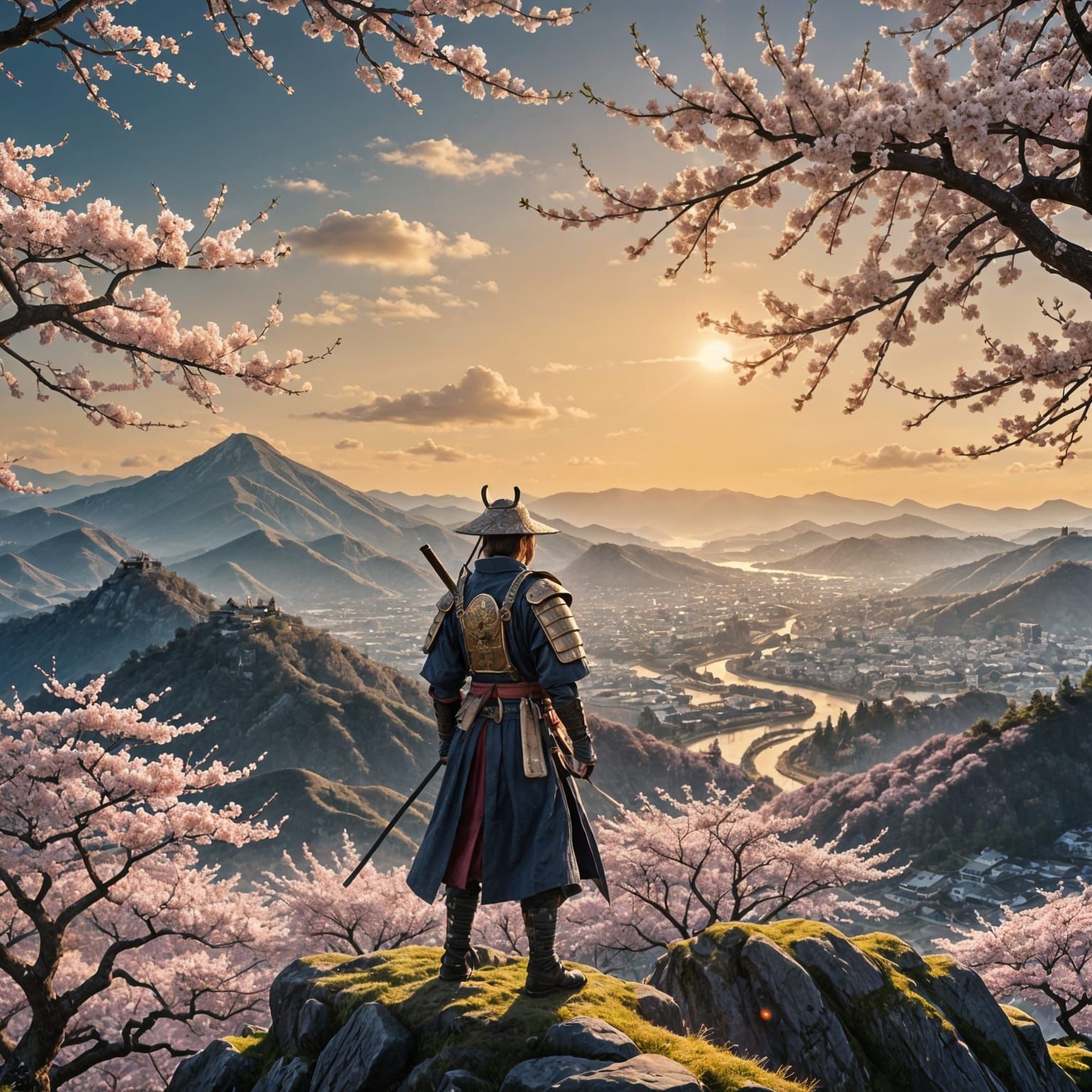 Photograph.Wide shot.. A lone samurai stands on a mountaintop, gazing into a valley filled with cherry blossom trees. The sun begins to rise...